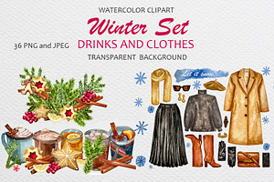 Watercolor winter set clothes drinks