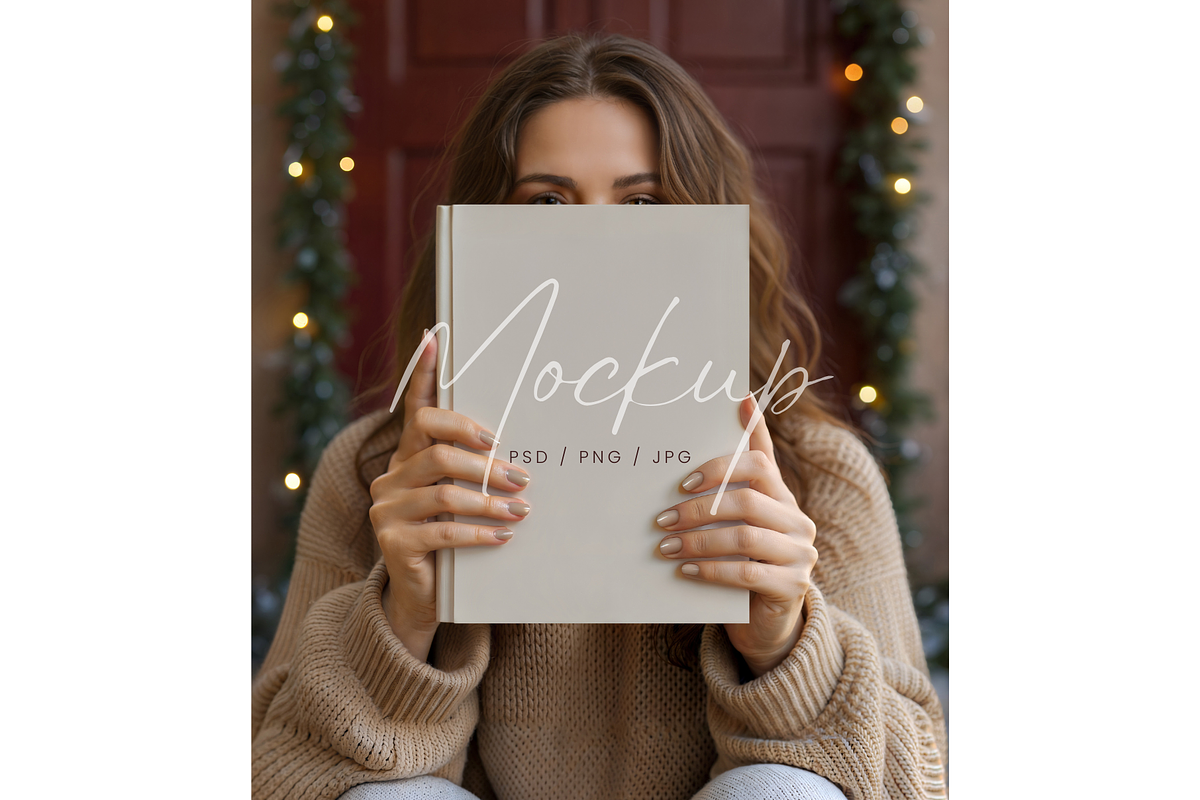 Winter Book Mockup with Fairy Lights, a Product Mockup by TatiMockup (Photo 1 of 3)
