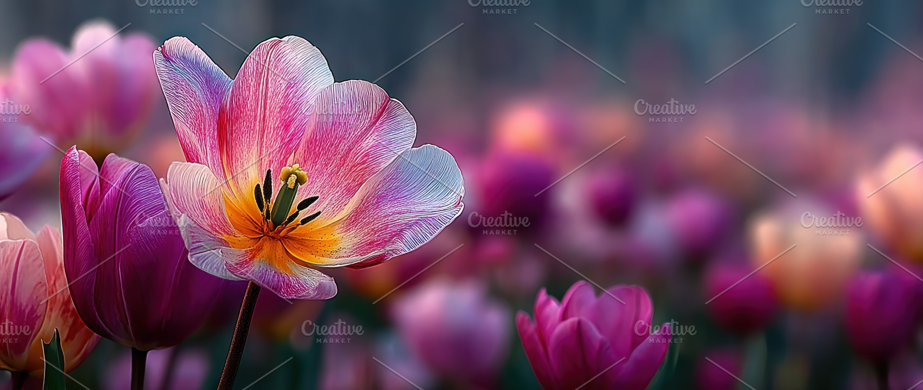 Single Pink Tulip in Bloom with Soft Colorful Bokeh Field Backgr, a Nature Photo by José Manuel Gelpi