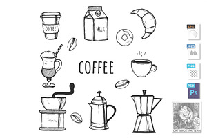 Coffee Equipment And Snacks Icon Set