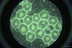 Microscopic view of glowing green cells in lab