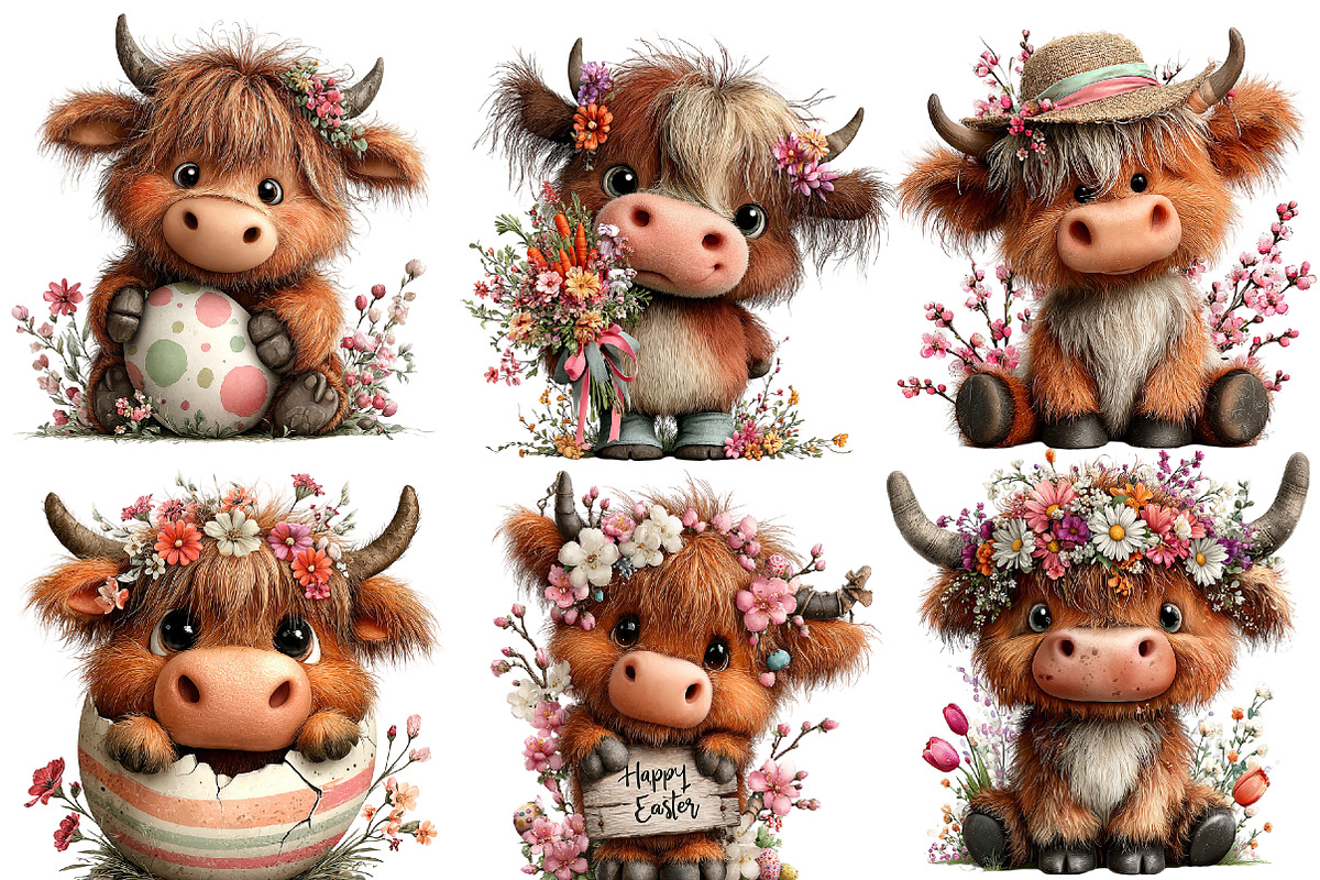 whimsical easter highland cow clipar, an Illustration by Designworld (Photo 3 of 3)