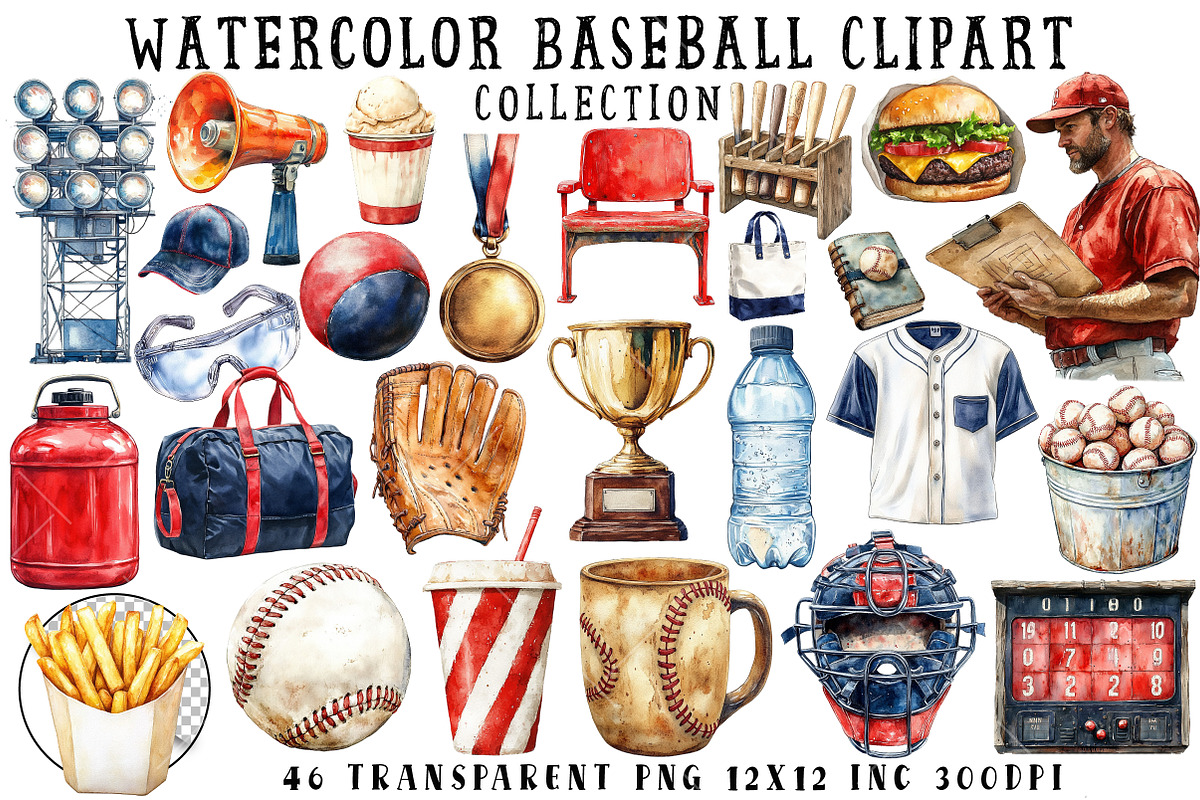 Watercolor Baseball Clipart, an Illustration by OK Design (Photo 1 of 6)