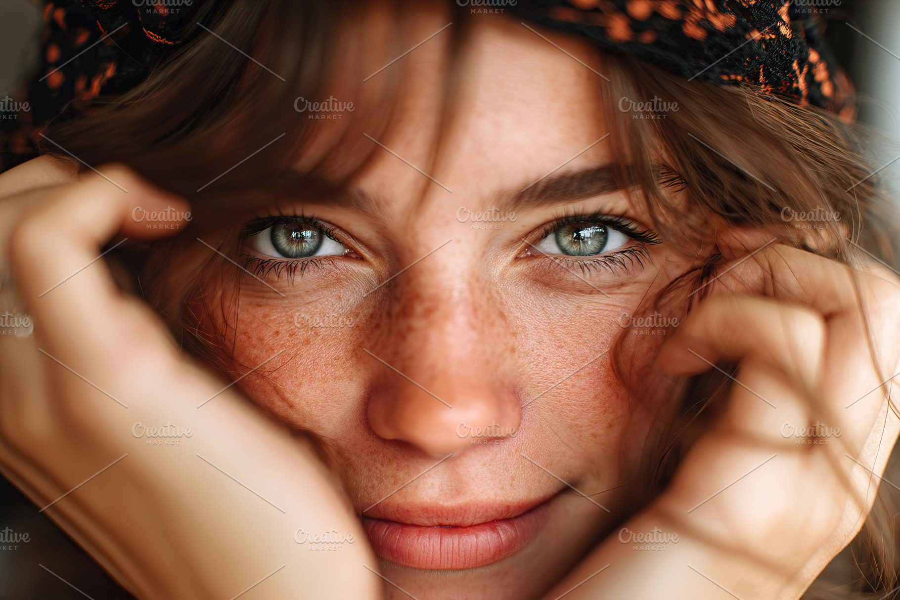 Young woman with freckles and bright blue eyes poses warmly with hands on her f, a Person Photo by AlyaAnd