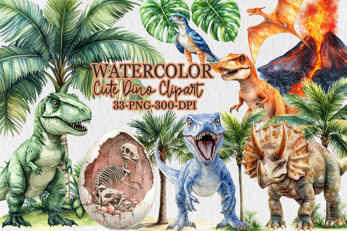 Watercolor Cute Dino Clipart, an Animal Illustration by Rose Art (Photo 1 of 4)
