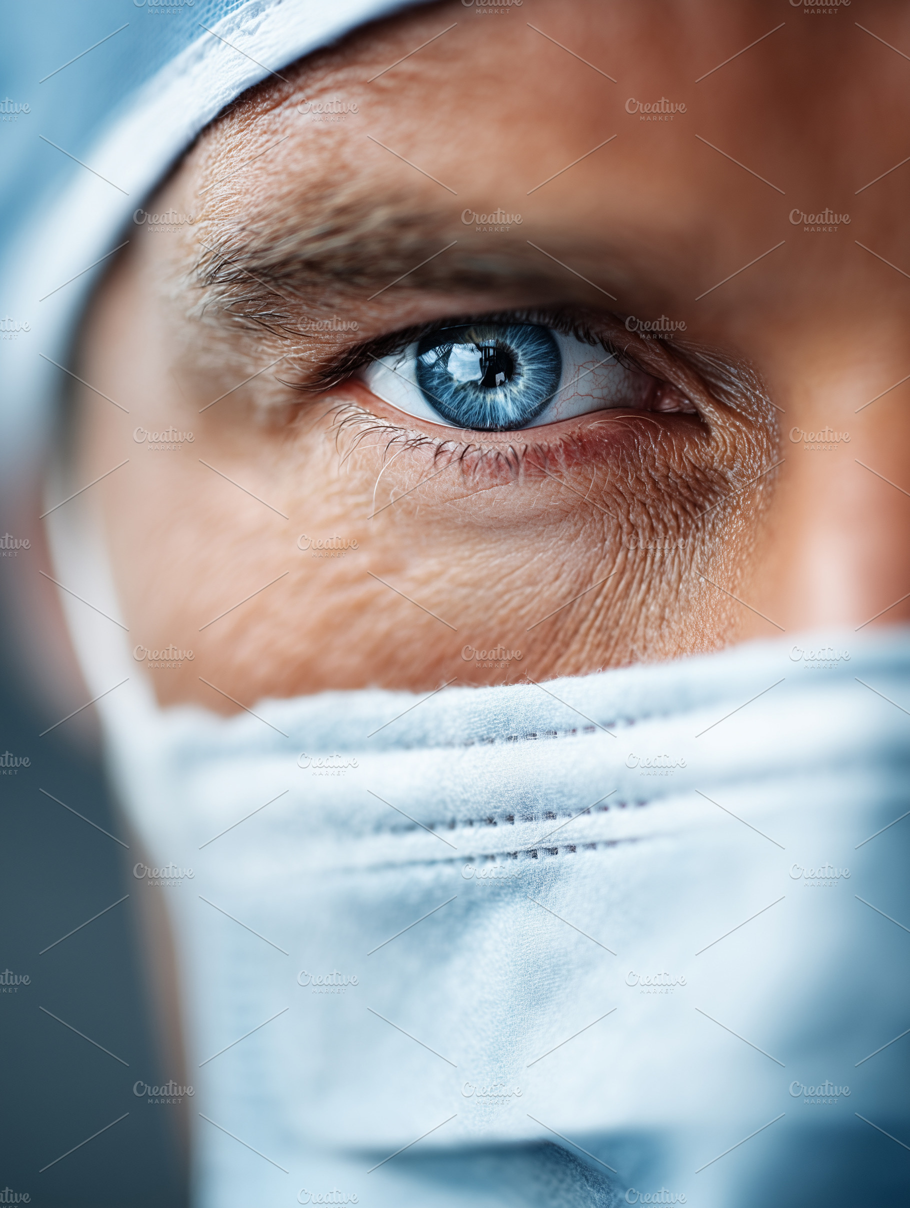 Surgeon’s blue eye behind a surgical, a Health & Medical Photo by MistyDay