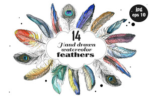 Watercolor hand drawn feathers