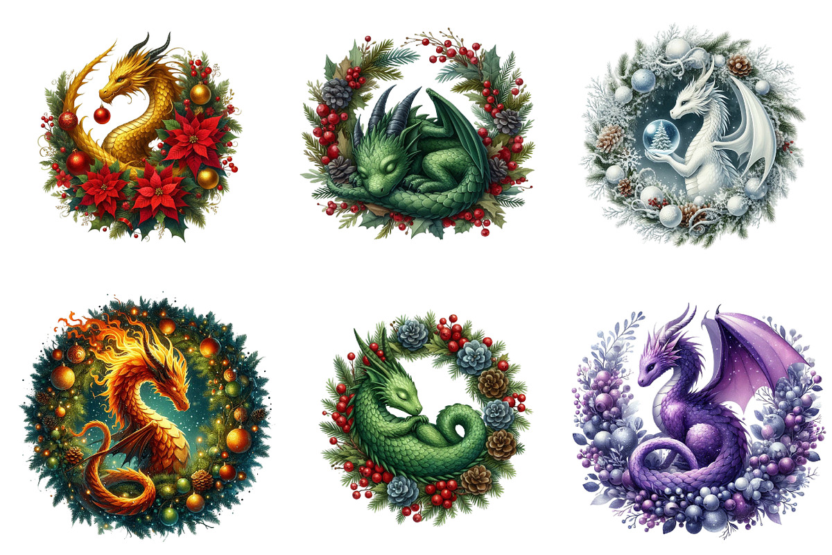 Watercolor Christmas Dragons Clipart, an Illustration by SinaCreation (Photo 3 of 7)
