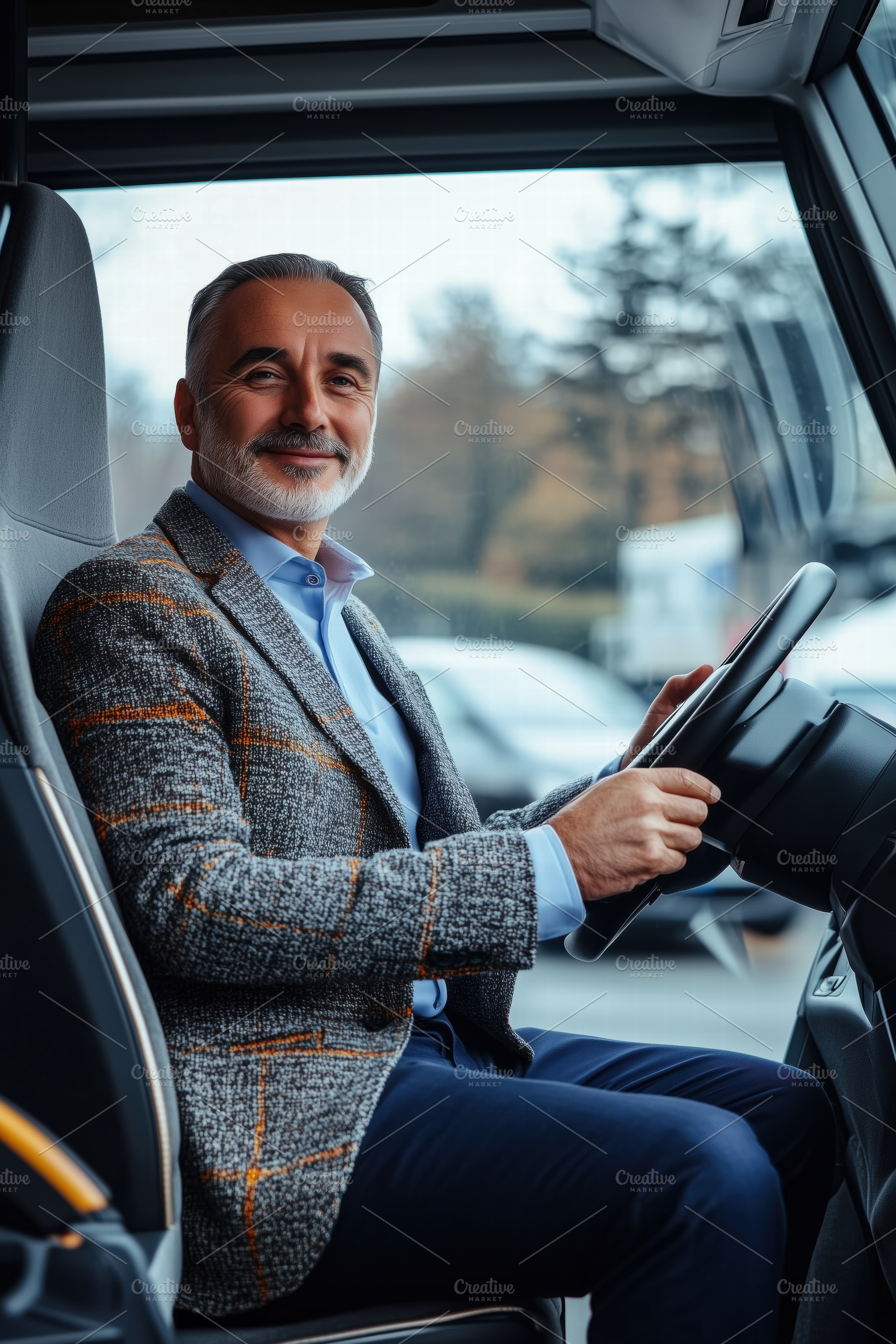 A confident middle-aged man with gray hair and a well-groomed beard sits in the, a Person Photo by Textures & Backgrounds