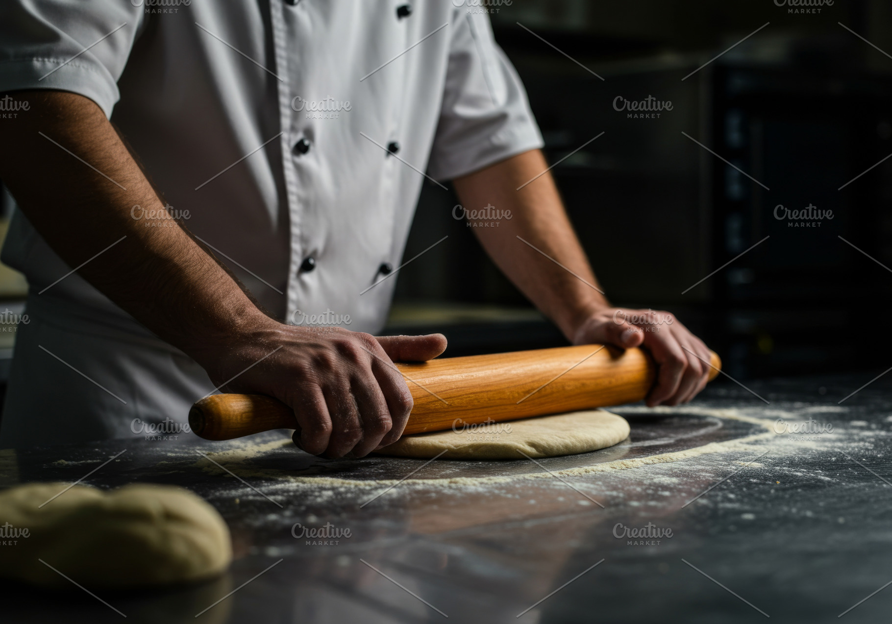 Chef rolling out dough with a wooden, a Food & Drink Photo by professorinc