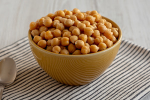 Organic Raw Canned Chickpeas in a Bowl, low angle view., a Food & Drink Photo by LiudmylaChuhunova