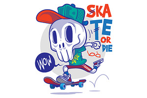 Funny Cartoon Skull And Skateboard