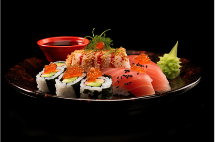 Delicious sushi served on red plate, a Food & Drink Photo by Ylivdesign