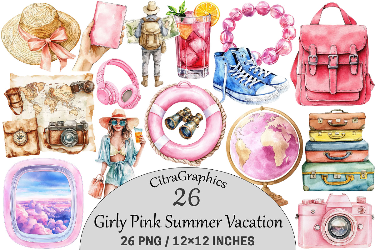 Girly Pink Summer Vacation Clipart, an Illustration by CitraGraphics (Photo 1 of 5)