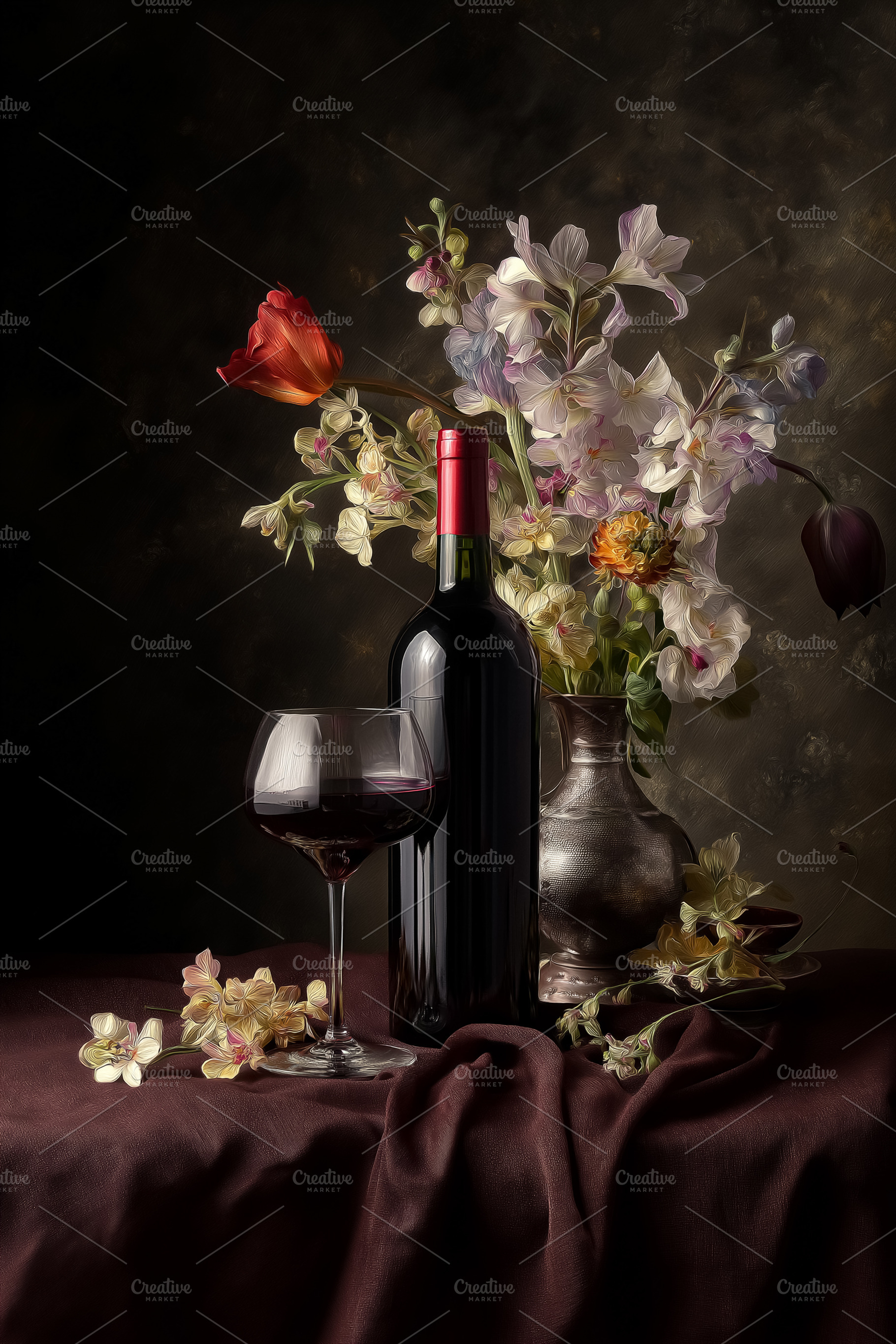 Still life creating romantic ambiance with red wine bottle, glass, and artistic, a Food & Drink Photo by Studio ANNA