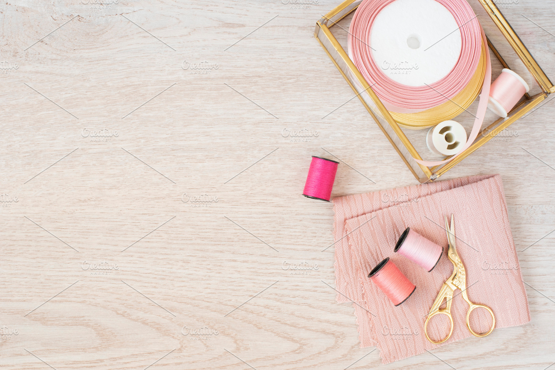 Composition for sewing in pink containing stock photos, stylish stock photos, an Arts & Entertainment Photo by MONNKA