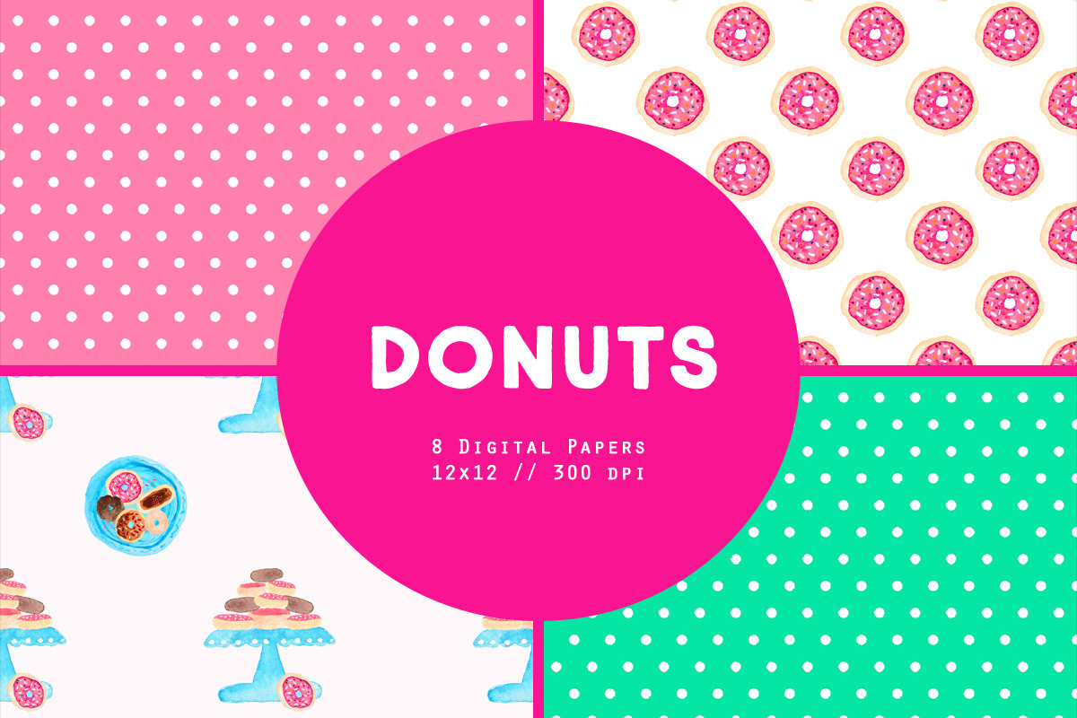 Donut Watercolor Digital Patterns, a Pattern Graphic by Emerald & Ivy Studios (Photo 2 of 2)