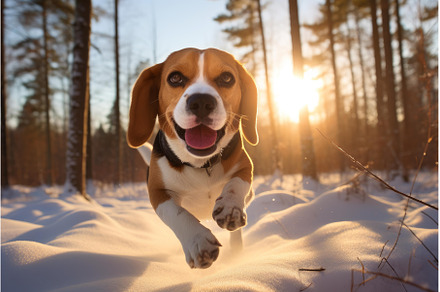 Beagle running in the snow at sunset, an Animal Photo by Ylivdesign