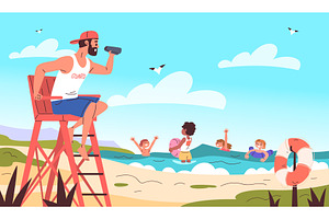 Swimming children lifeguard. Beach, an Illustration by Stock-Smart-Start