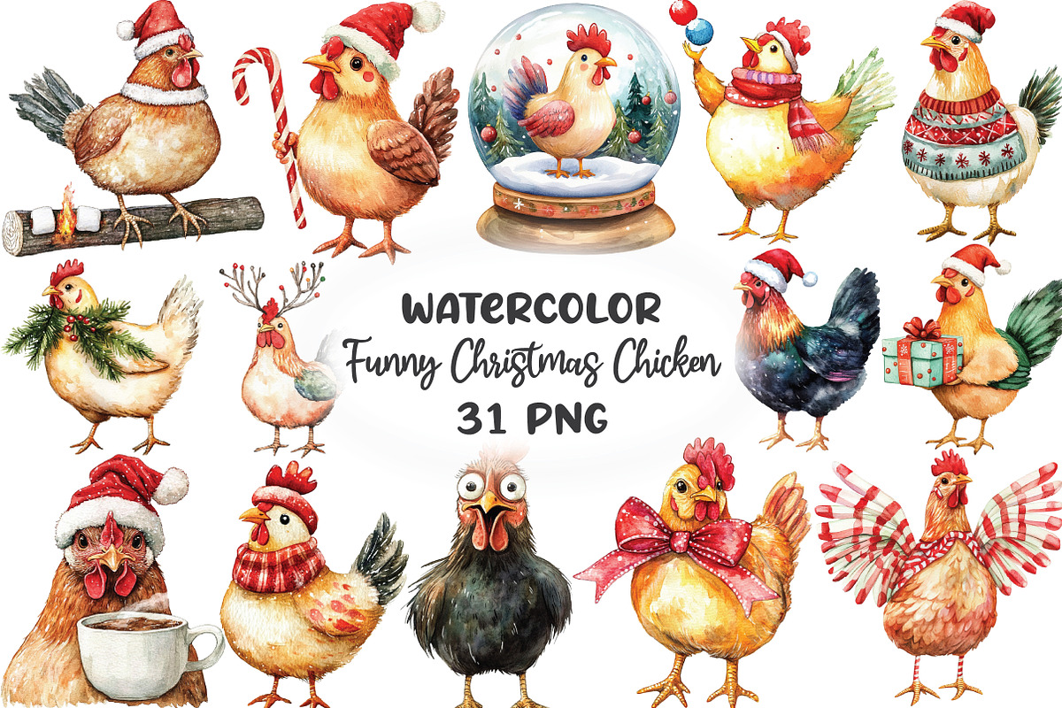 Funny Christmas Chicken Clipart, an Illustration by CraftArtStudio (Photo 1 of 6)