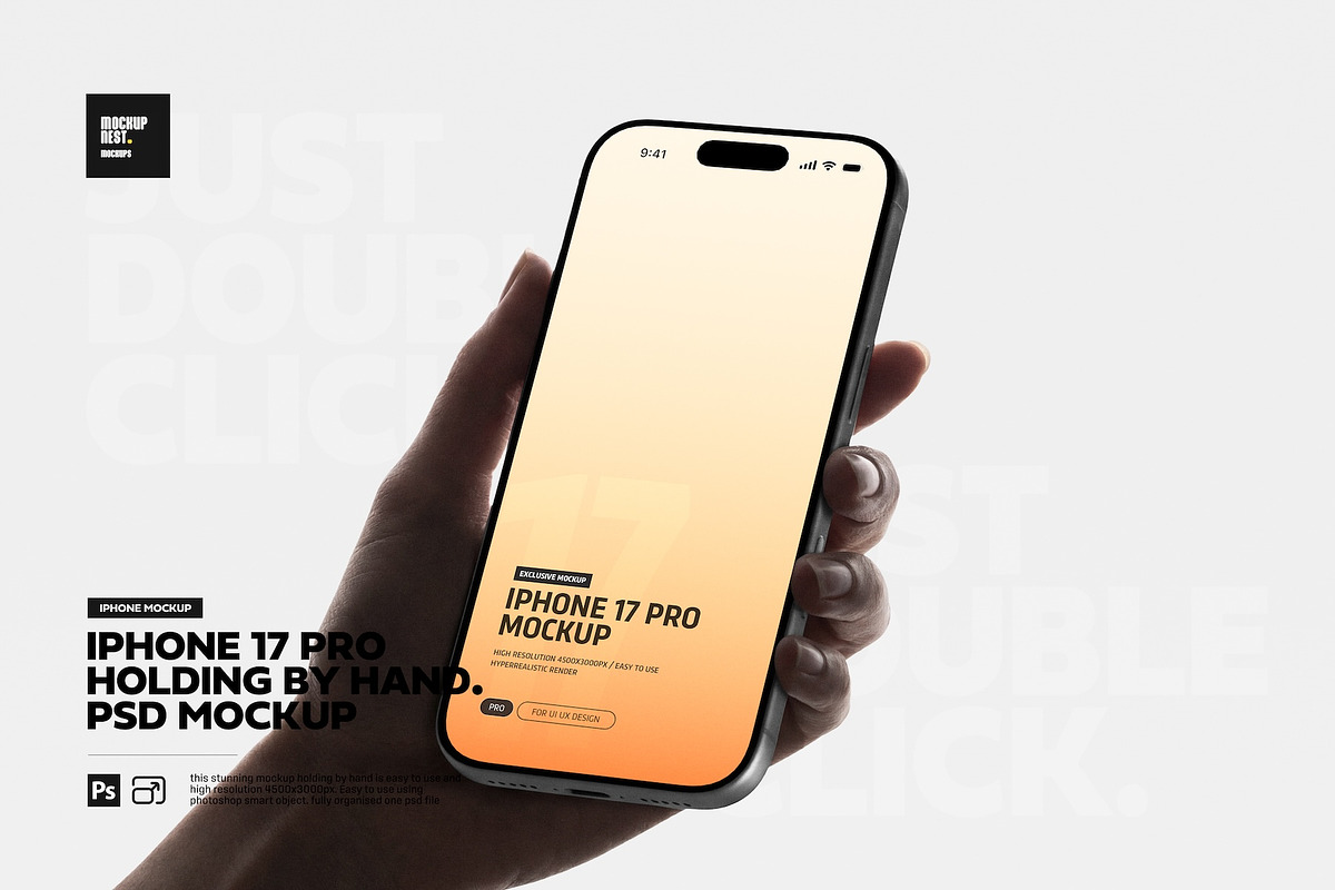 iPhone 17 Pro Angled Hand Mockup, an iPhone Mockup by Toasin Studio (Photo 1 of 4)