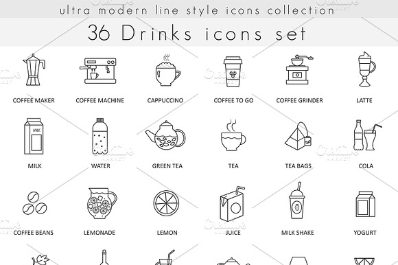 36 Drinks Line Icons Set.
