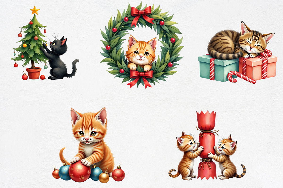 Christmas Funny Cats Watercolor Clip, an Illustration by CrexoraLab (Photo 2 of 5)