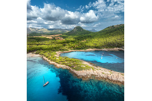 Aerial drone view of boats, rocky, a Nature Photo by den-belitsky