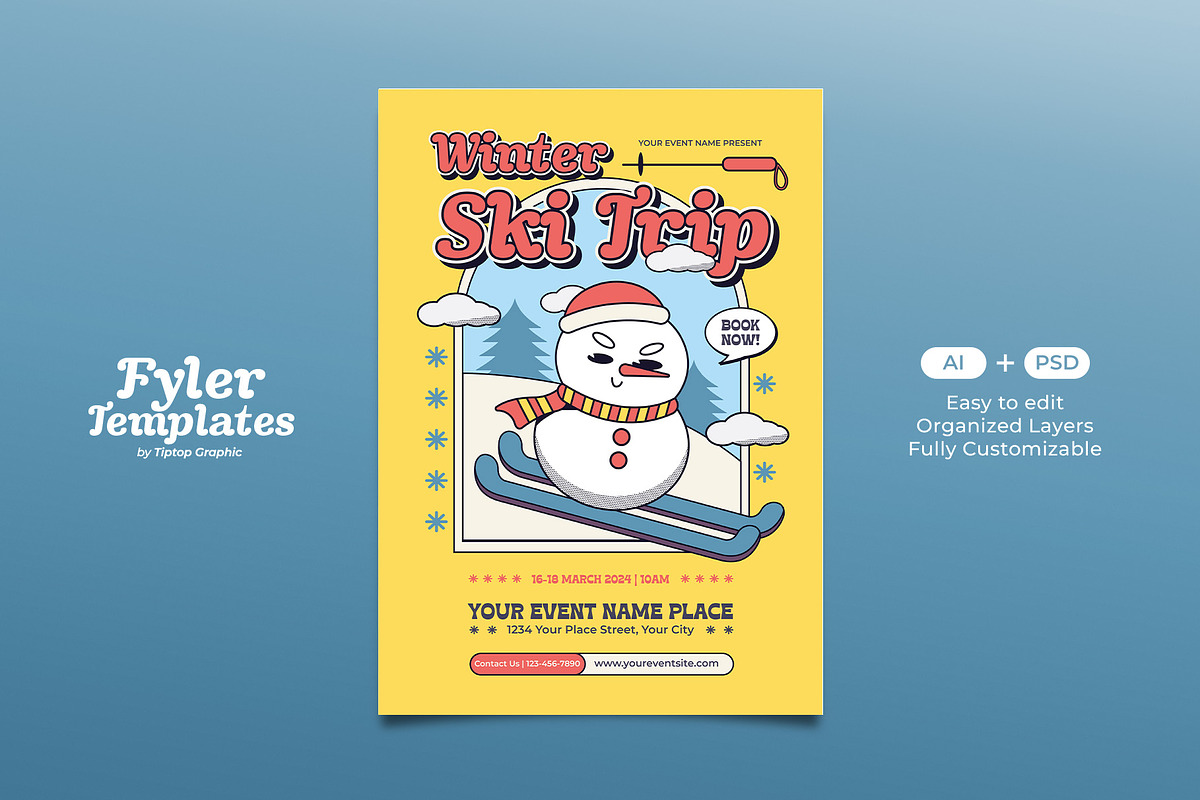 Retro Winter Ski Trip Flyer Template, a Flyer Template by Tiptop Graphic (Photo 1 of 5)