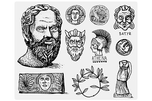 Ancient Greece, Antique Symbols Socrates Head, Laurel Wreath, Athena Statue And Satyr Face With Coins Vintage, Engraved Hand Drawn In Sketch Or Wood C