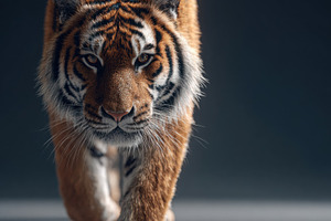 Majestic Tiger Walking on black Background, an Animal Photo by AlyaAnd