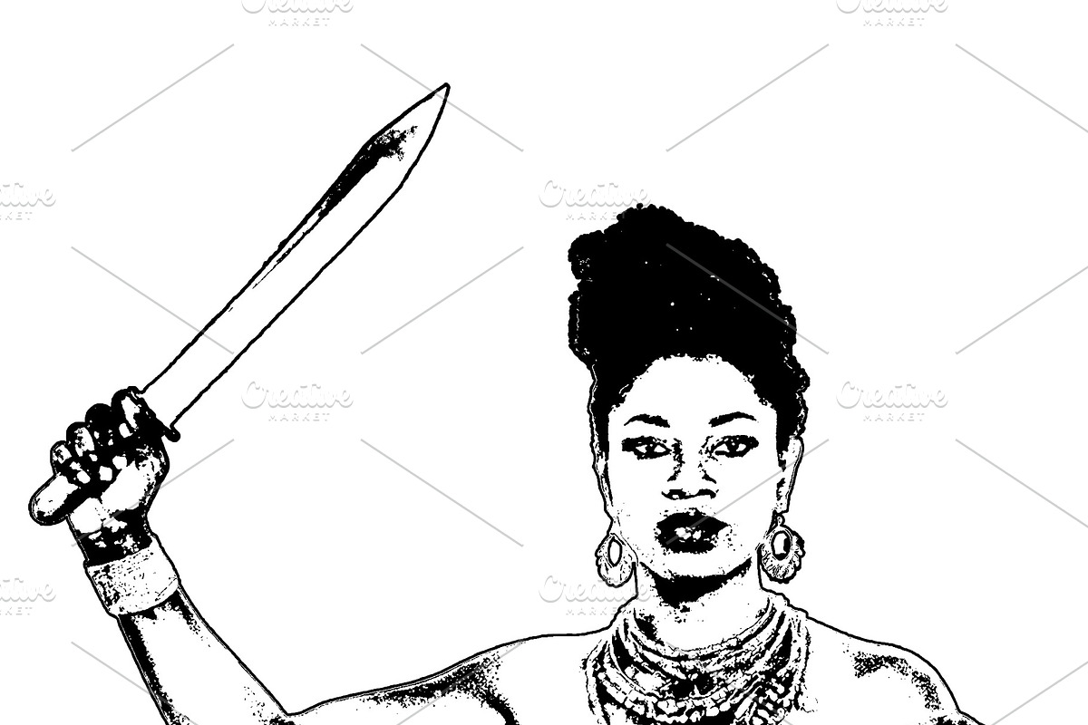 Afro woman in traditional ethnic dress with blade isolated graph, a Person Illustration by DanFLCreativo