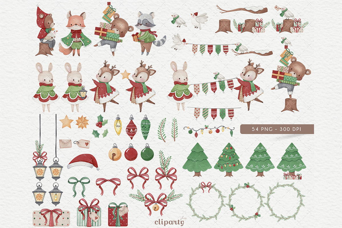 Forest Christmas Watercolor Clipart, an Illustration by Gau Silva Studio (Photo 2 of 4)