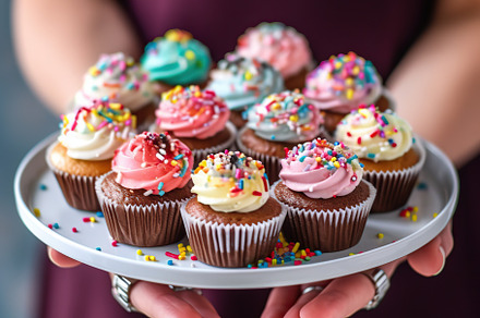 Illustration of female hands holding birthday cupcakes on tray, a Food & Drink Photo by AlyaAnd