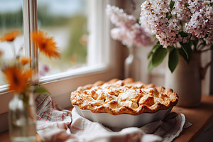 Delicious pie on a rustic window table with blooming flowers and checked fabric, a Food & Drink Photo by AlyaAnd