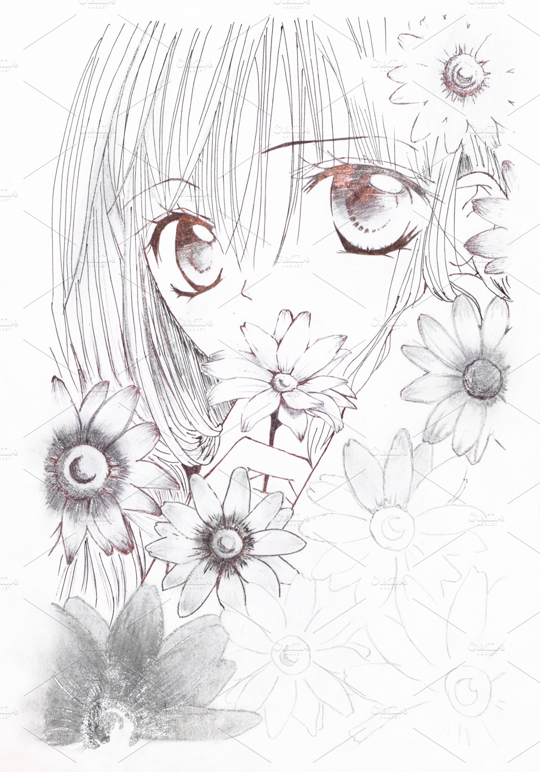 Drawing in the style of anime picture of a girl in the flowers in the picture, an Arts & Entertainment Photo by ELEONIMAGES