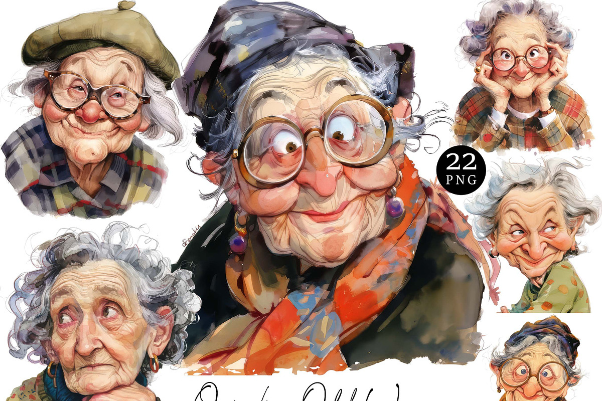 Watercolor Quirky Old Woman Clipart, a Person Illustration by Design Scotch (Photo 1 of 7)