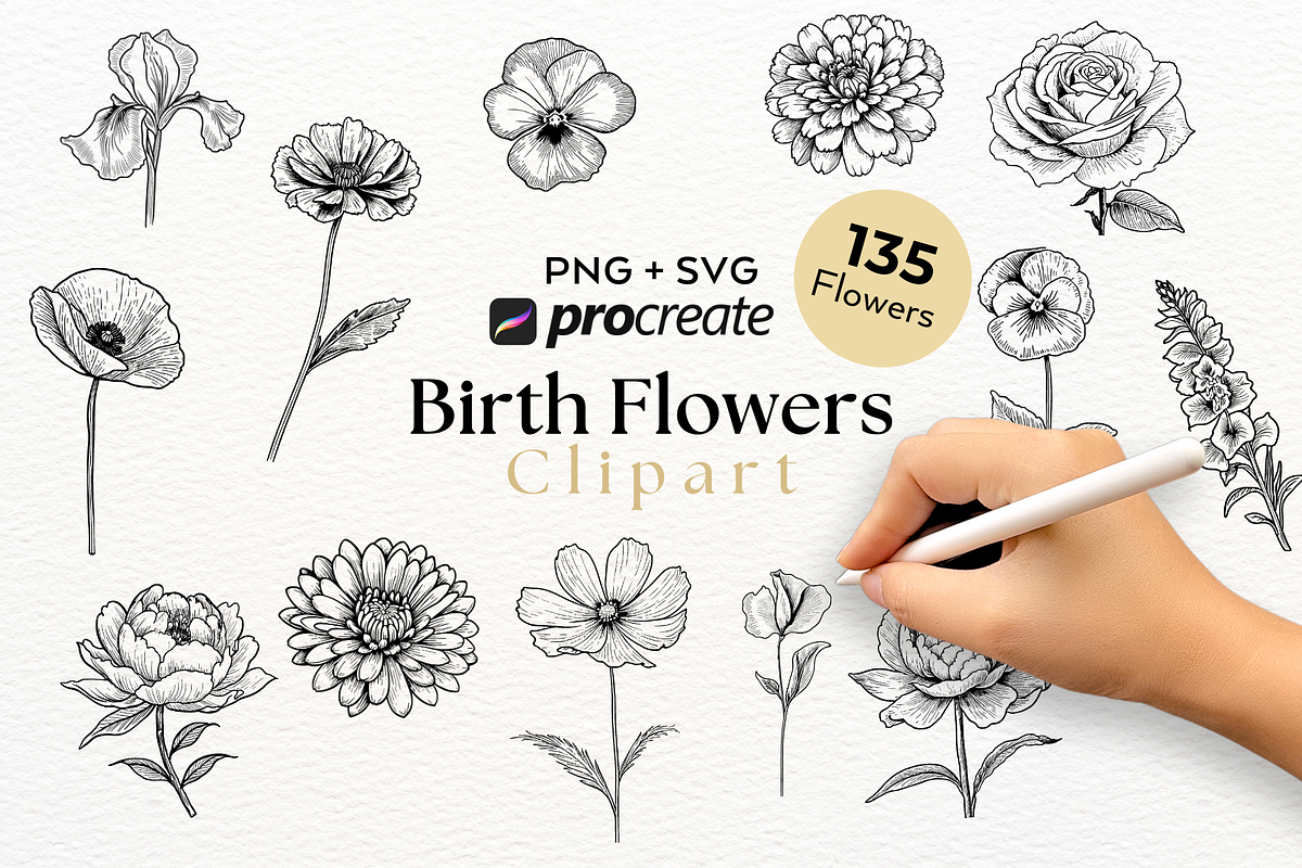 135 Birth Flowers PNG SVG Procreate, a Brushes & More by LaurenceVArtiste (Photo 1 of 9)