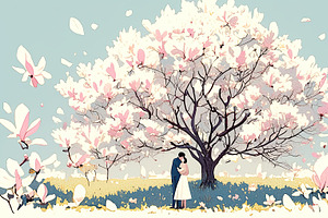 Couple embraces under a blooming magnolia tree during a peaceful spring day, an Illustration by AS photostudio