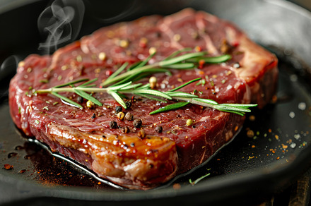 A perfectly seasoned steak with fres, a Photo by Tanuart