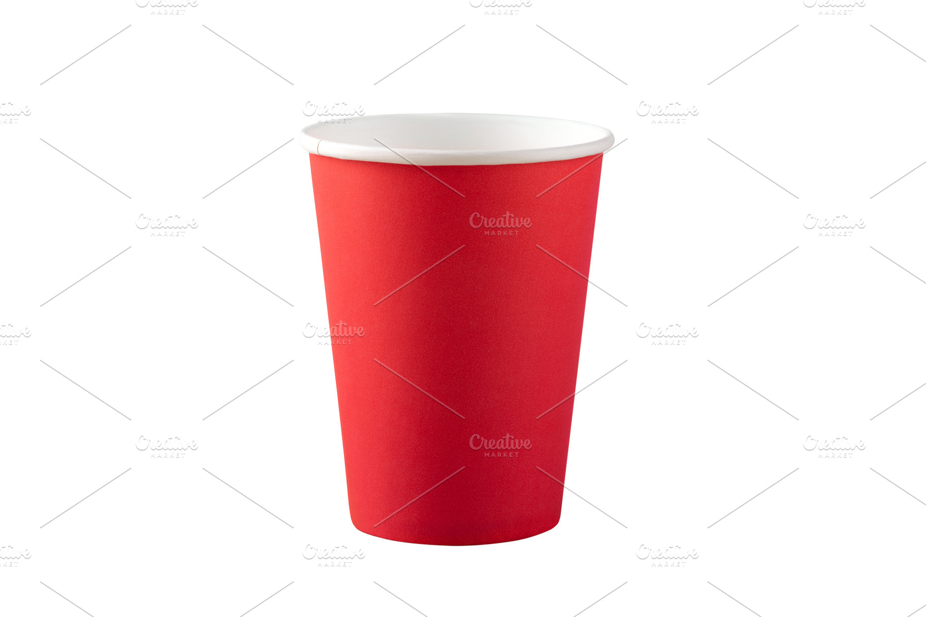 Minimalist red paper cup on white background, perfect for party,, a Food & Drink Photo by Ales Munt