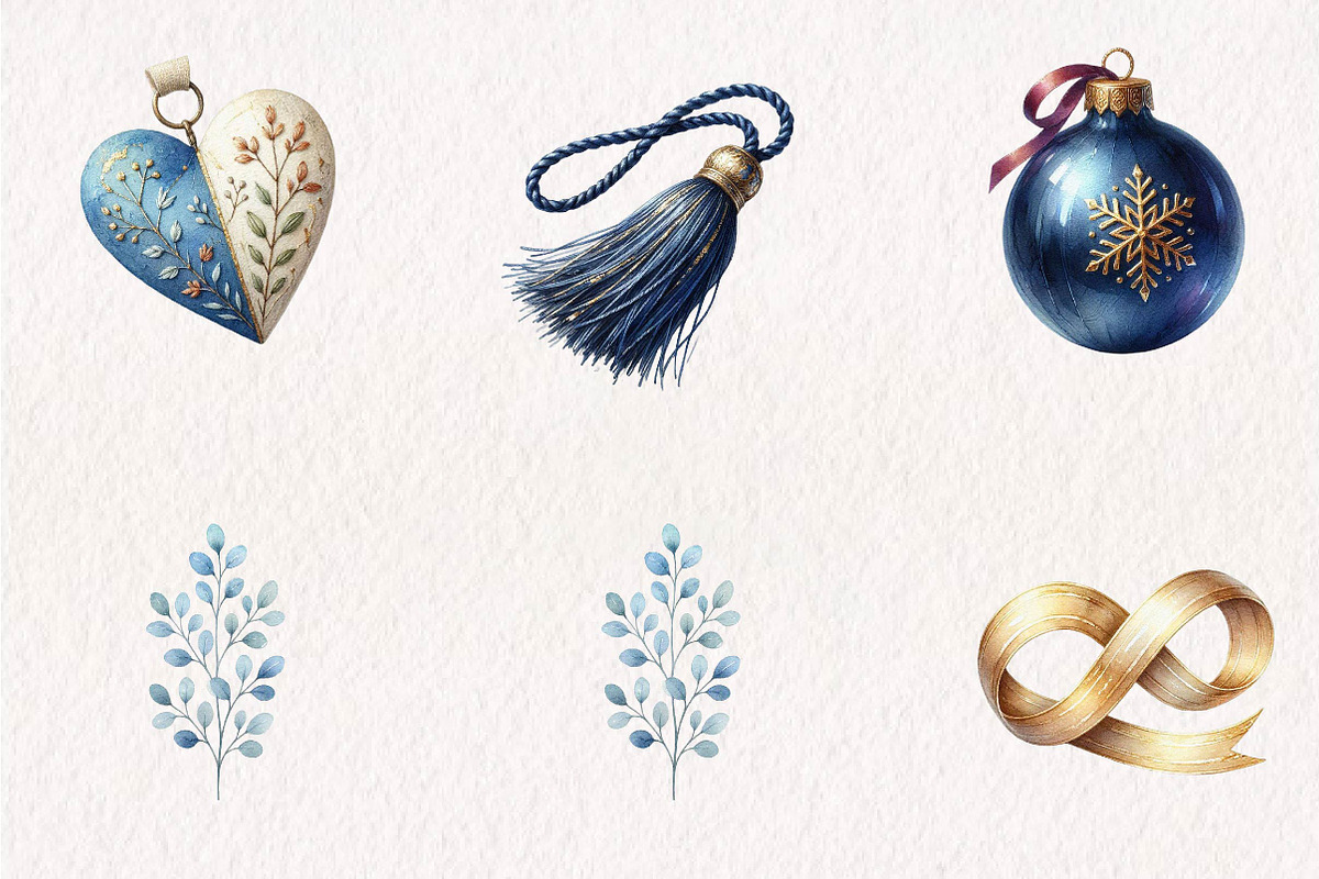 Watercolor Navy Gold Ornaments, a Seasonal Illustration by CreationArt (Photo 3 of 7)