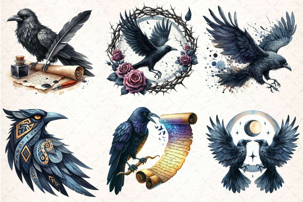 Watercolor Raven Clipart, an Illustration by DreamCafeArt (Photo 3 of 7)