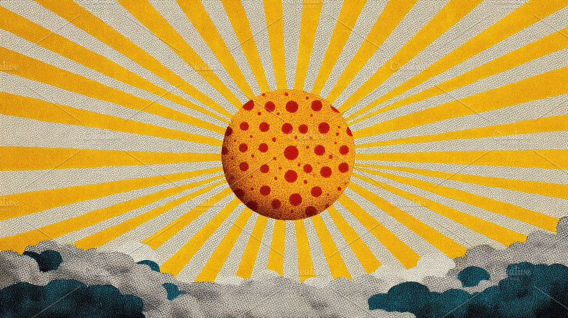 Retro sunrise illustration with bold orange, yellow, and blue ra, a Holiday Photo by José Manuel Gelpi
