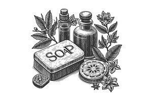 Soap and Dispenser engraving vector, a Healthcare Illustration by AlexArt