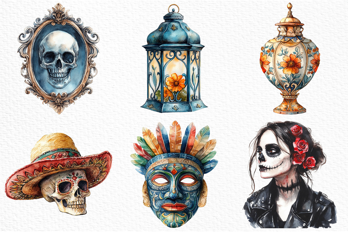 Watercolor Day of the Dead Clipart, an Illustration by Craft Nest (Photo 3 of 6)