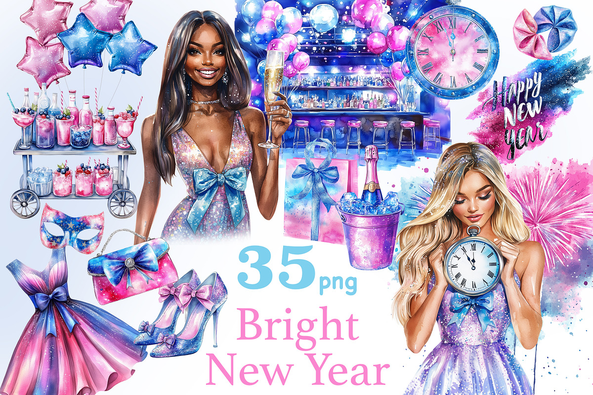 Bright New Year Clipart, a Seasonal Illustration by GlamArtZhanna (Photo 1 of 6)