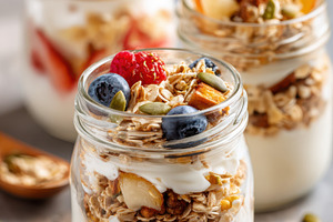Layered yogurt parfait with fruits and granola, a Food & Drink Photo by AlyaAnd
