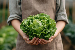 Woman holds fresh lettuce in garden, a Photo by Beautiful things