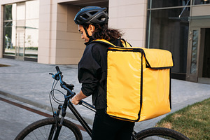 Back view of a female courier, a Person Photo by Artem Varnitsin